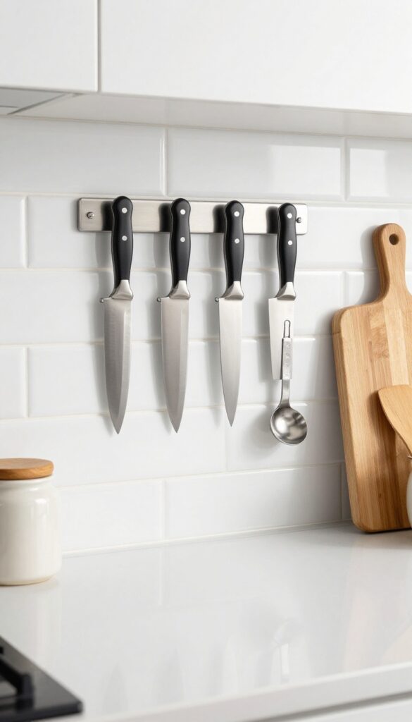 Magnetic knife strip on kitchen backsplash with knives and small magnetic hooks holding measuring spoons, wooden cutting board and ceramic spatula jar nearby.