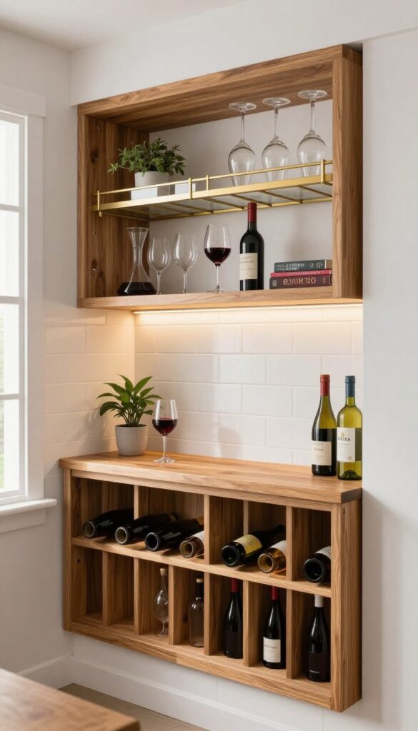 Built-in wine rack and glass storage in a kitchen alcove with warm wood tones and soft lighting