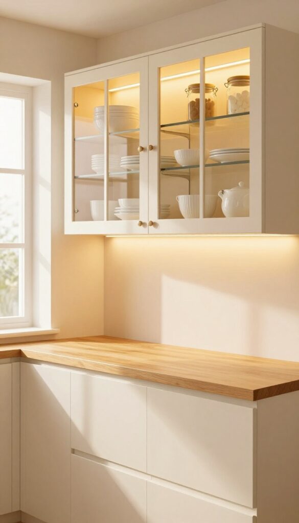 Warm cozy kitchen with glass-front cabinets and interior lighting, showing organized white dishware