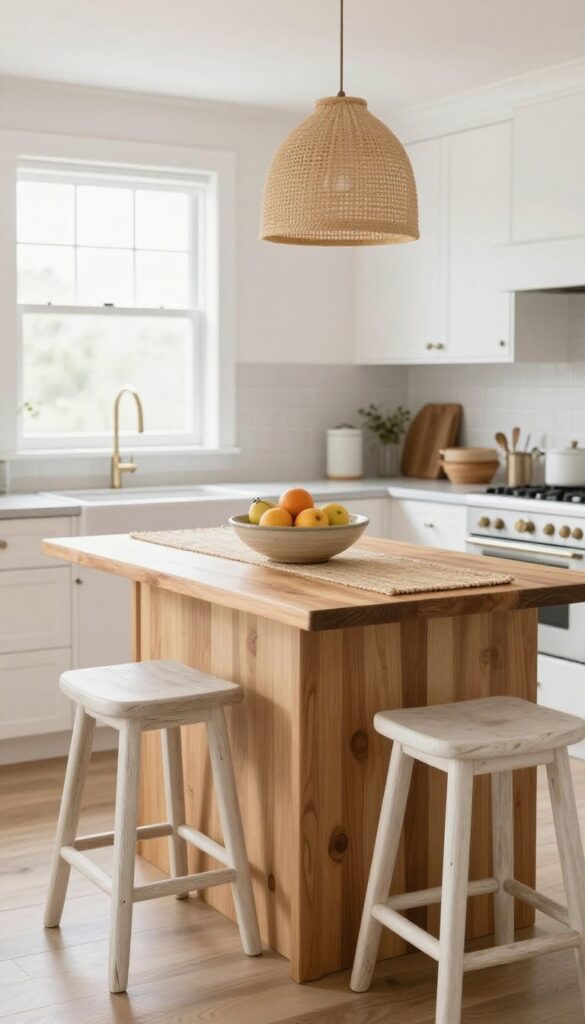 Butcher block island with bar stools in a light and airy kitchen