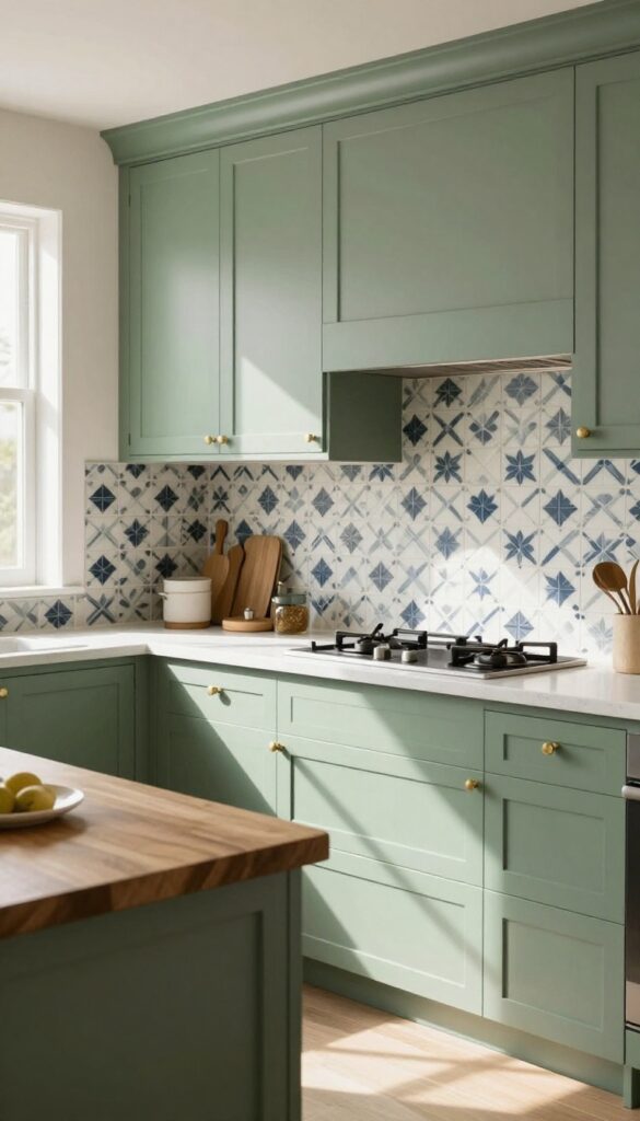 Modern kitchen with green cabinets and patterned tile backsplash