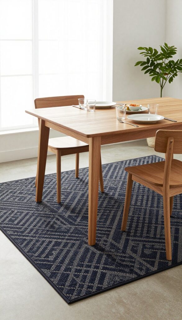 Small breakfast nook with wooden table and chairs, dark patterned rug underneath, natural light, simple table setting