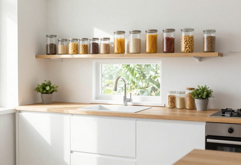 Modern kitchen pantry with clear glass jars of dry goods on open shelves, natural light, and a clean organized look.