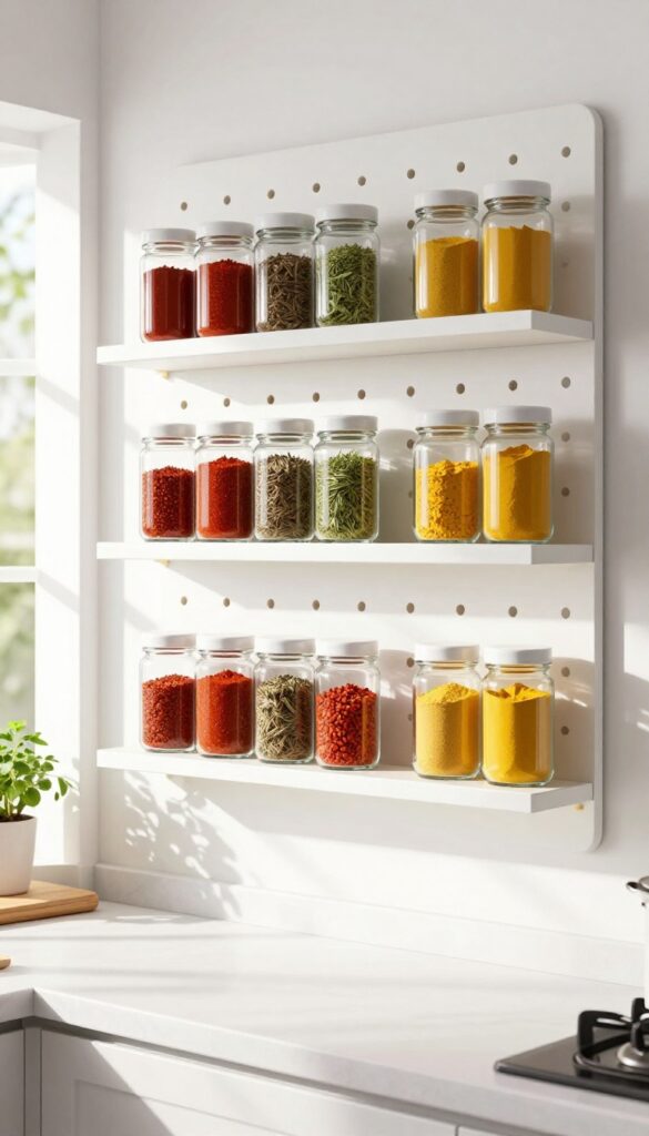 Vertical spice rack on a white pegboard in a bright kitchen with uniform glass jars and small shelves.