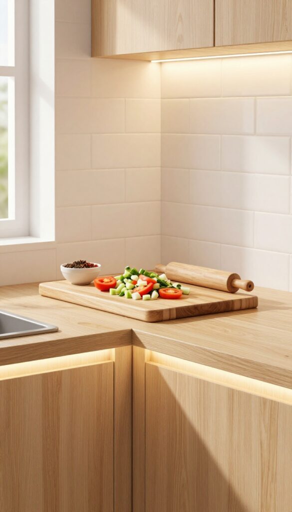 Under-cabinet LED strip lights illuminating a kitchen countertop with chopped vegetables and spices, warm lighting, Indian kitchen decor