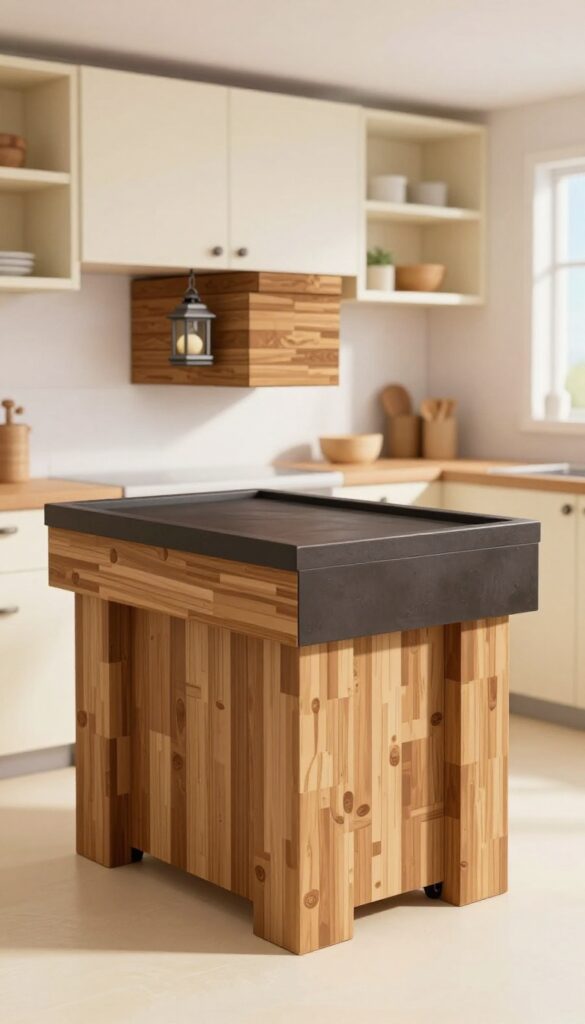 Minecraft small kitchen with butcher block island on wheels, stripped oak base, smoker top, lantern above, light cabinets and open shelving.