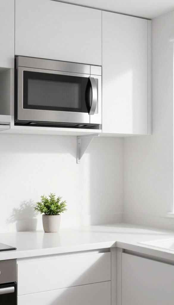 Under-upper-cabinet bracket mount for microwave in kitchen corner, floating effect, clean and modern