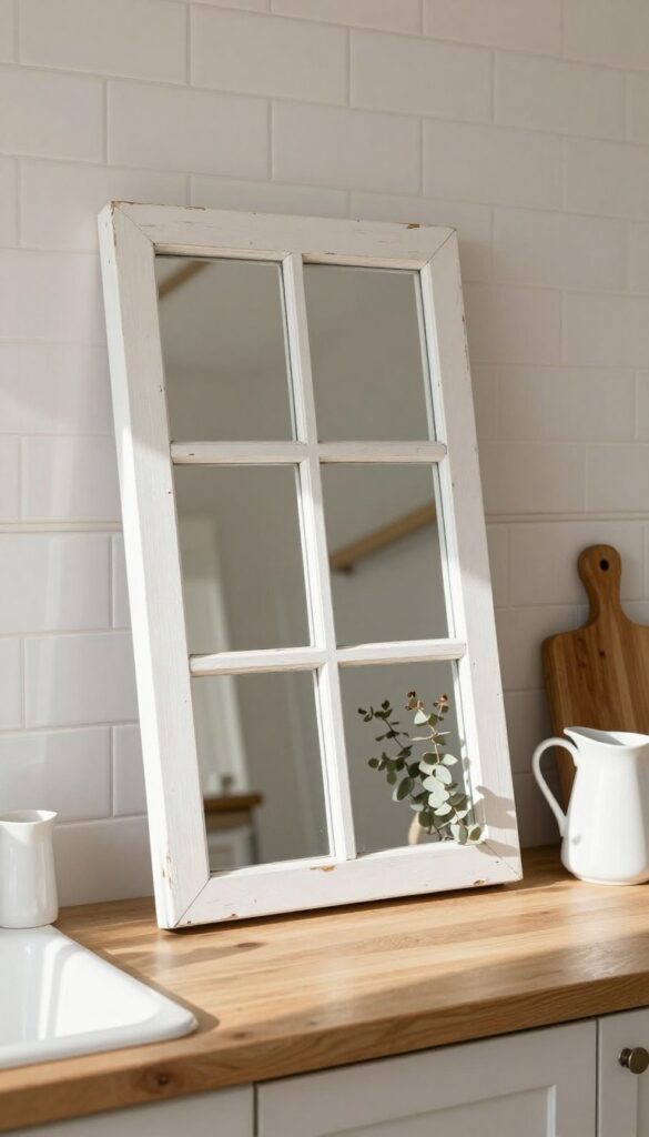 Repurposed white window frame leaning against kitchen backsplash with dried eucalyptus