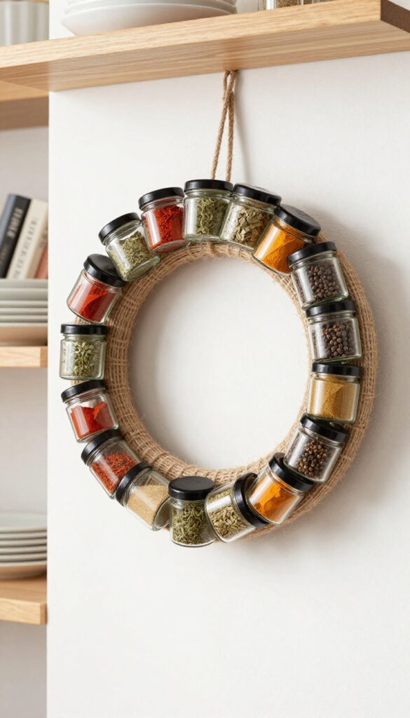 A spice jar wreath hanging on a kitchen wall near open shelving, with jars filled with colorful spices.