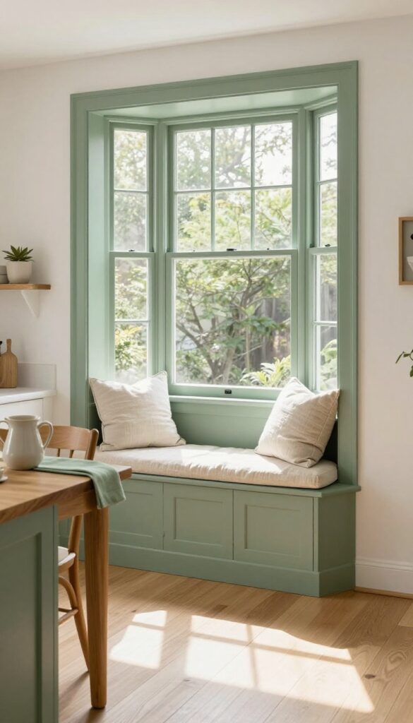 A kitchen window seat painted sage green with neutral cushions, natural light, and simple decor.
