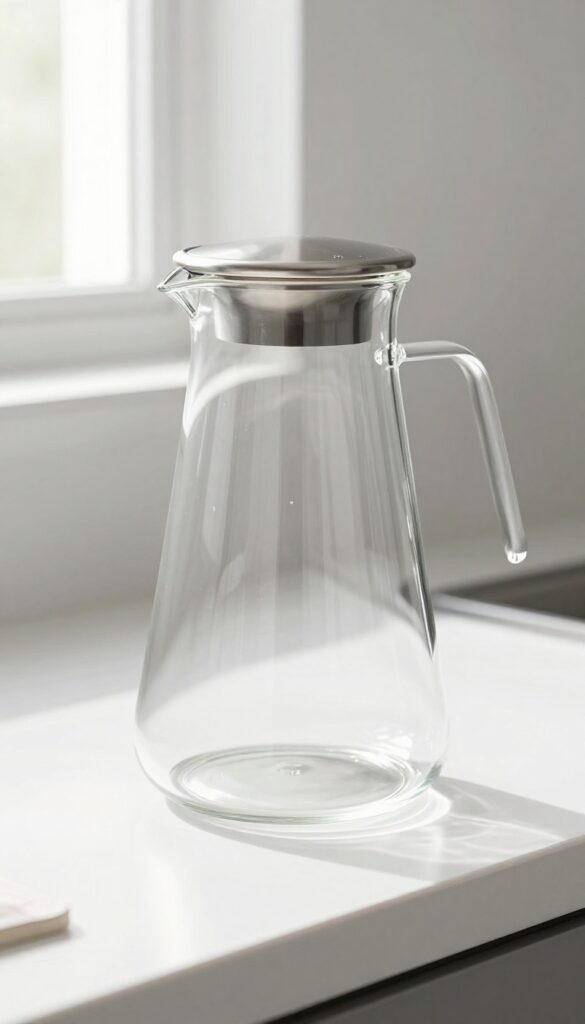 Clean glass coffee carafe and lid on white counter