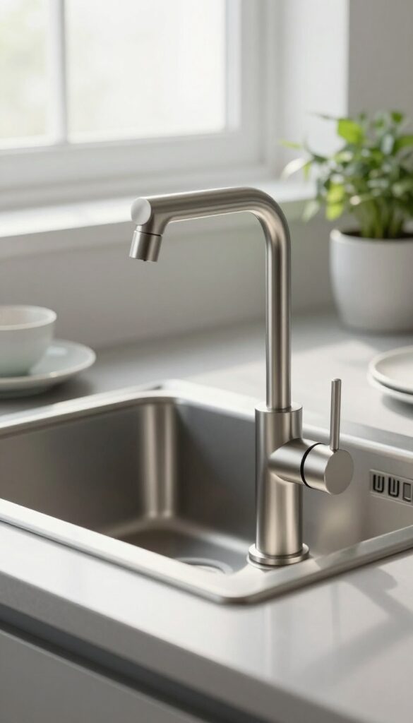 Modern brushed nickel gooseneck faucet in a bright minimalist kitchen sink area with natural light and clean styling.