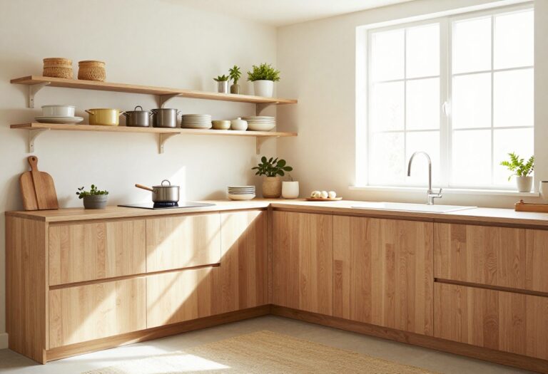 Modern kitchen with pull-out shelves in corner cabinet, warm lighting, and cozy decor