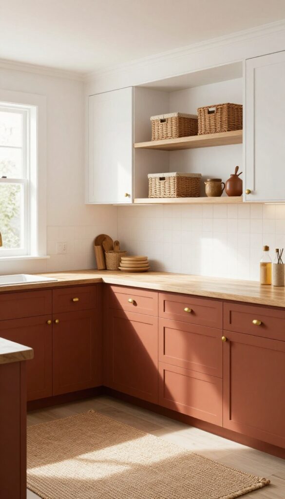 Kitchen with terracotta lower cabinets, white upper cabinets, butcher block countertops, and warm lighting.