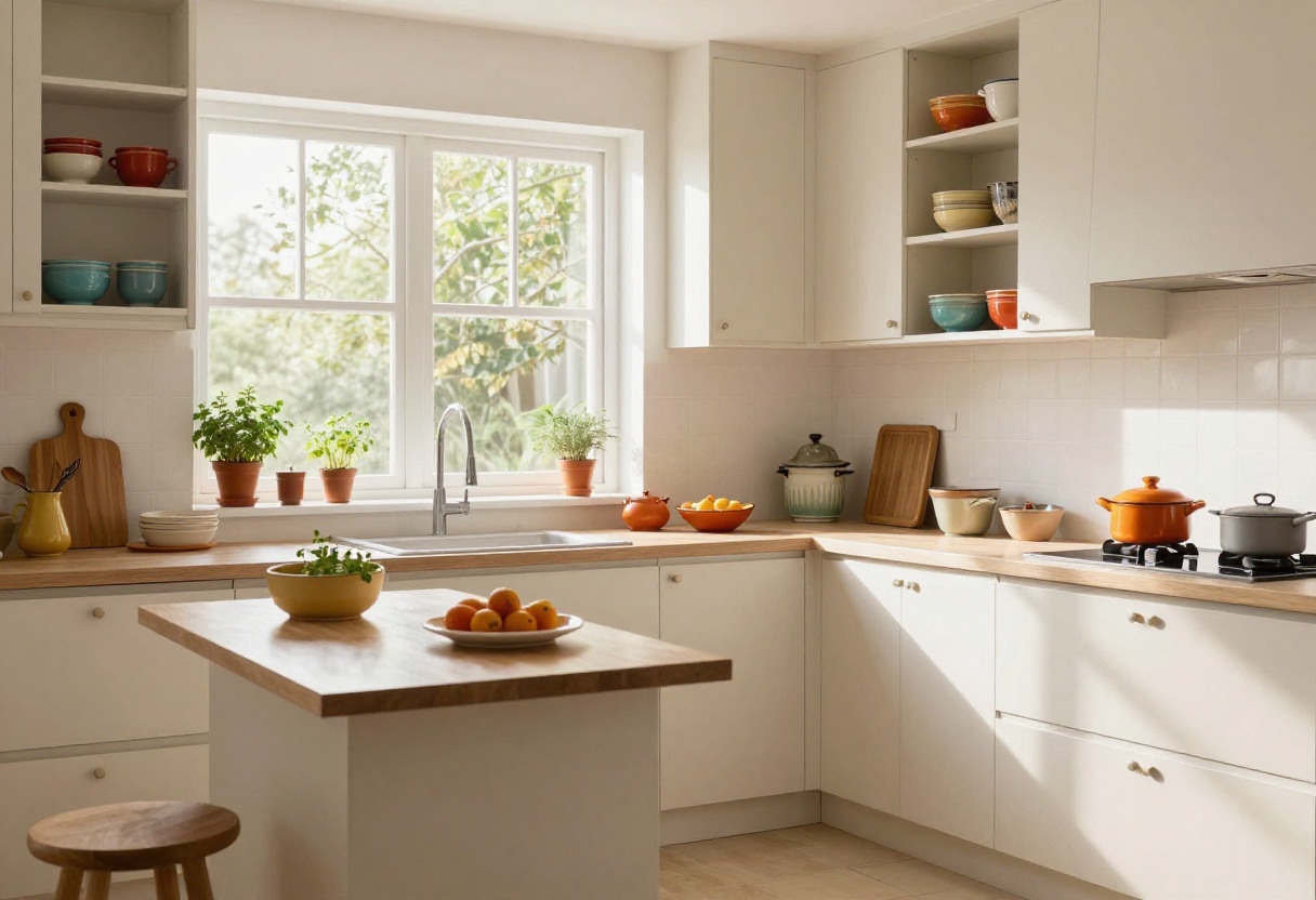 Small Indian kitchen with open shelves, herb garden, and fold-down table
