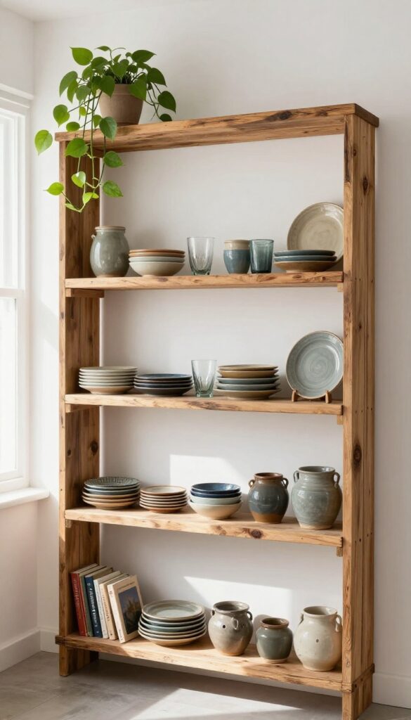 Open shelving with thrifted dishes and plants in a bright kitchen