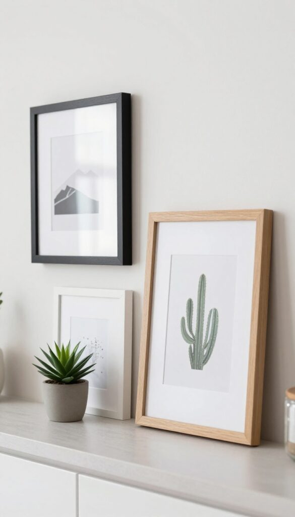 Kitchen mantle with layered framed art and small succulent, natural light, clean composition