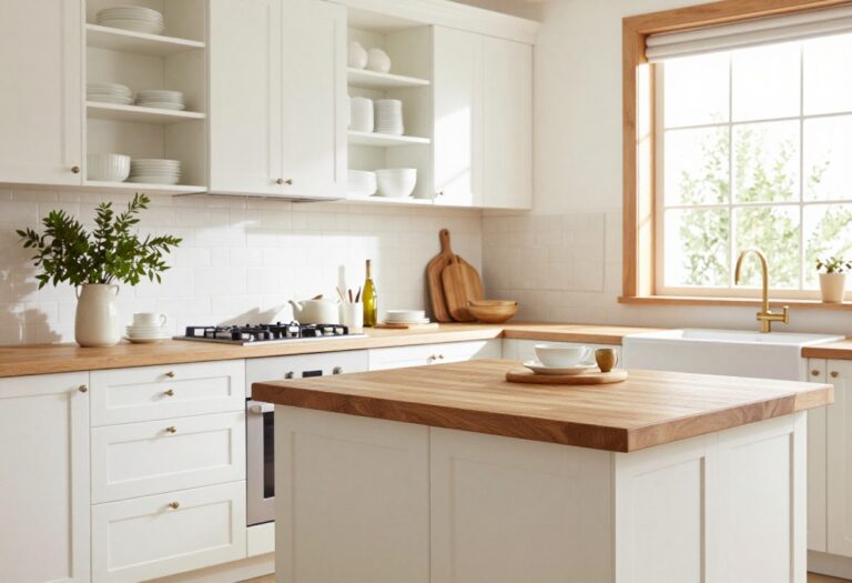 White and wood kitchen with open shelving, butcher block island, and natural light