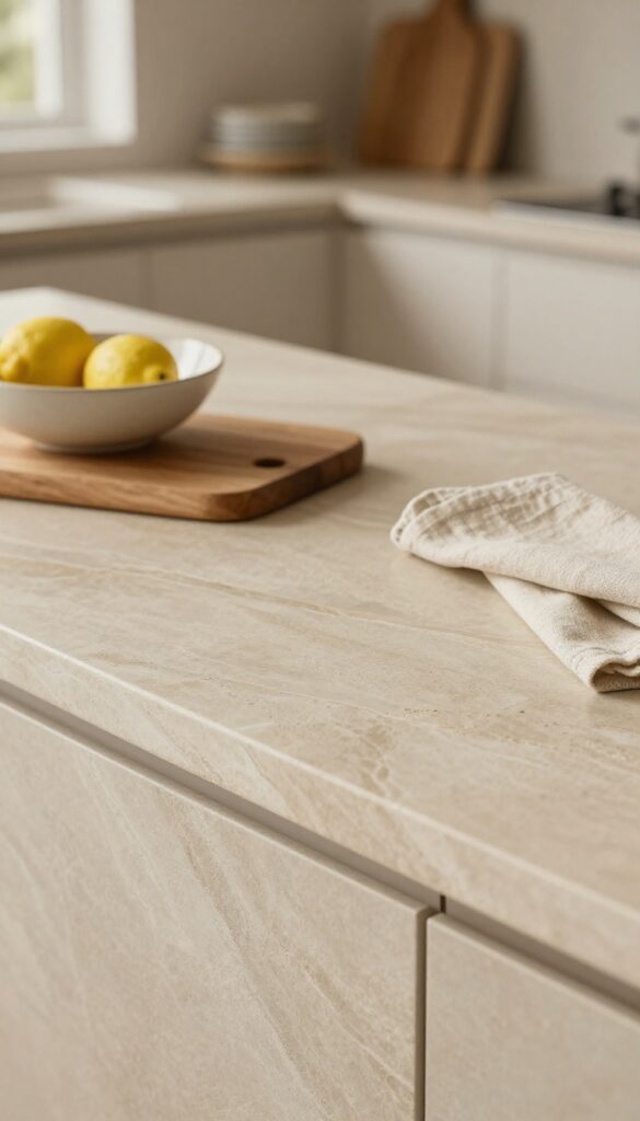 Honed natural stone countertop with matte finish in a warm kitchen, featuring wooden cutting board, ceramic bowl, and linen towel in soft natural light.