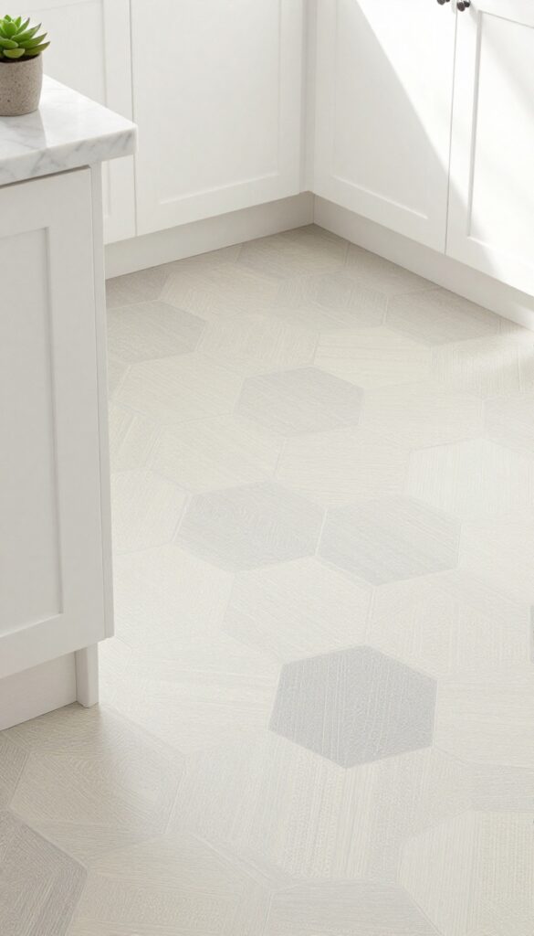 Close-up of sheet vinyl flooring with a subtle geometric pattern in a small kitchen, showing light gray hexagons on a cream background, with a white cabinet and marble countertop in the background.