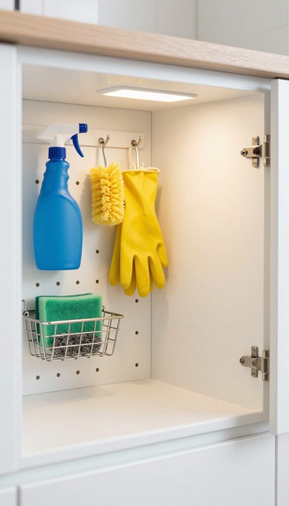 Open cabinet under the sink with a pegboard organizing spray bottles, brushes, and gloves.