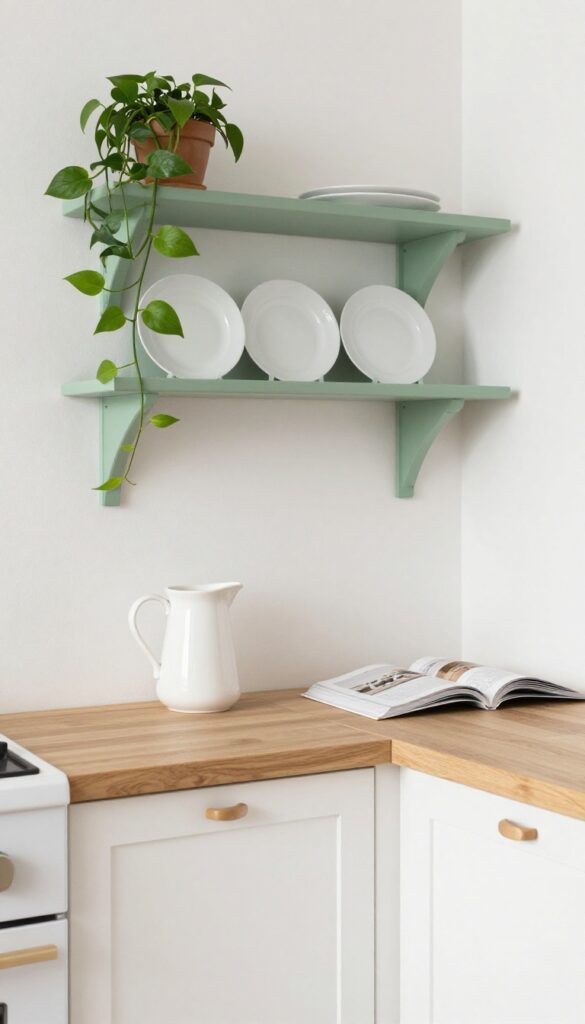 Cozy kitchen booth with built-in seating and floating shelves displaying dishes, a pitcher, and a trailing plant in natural light.