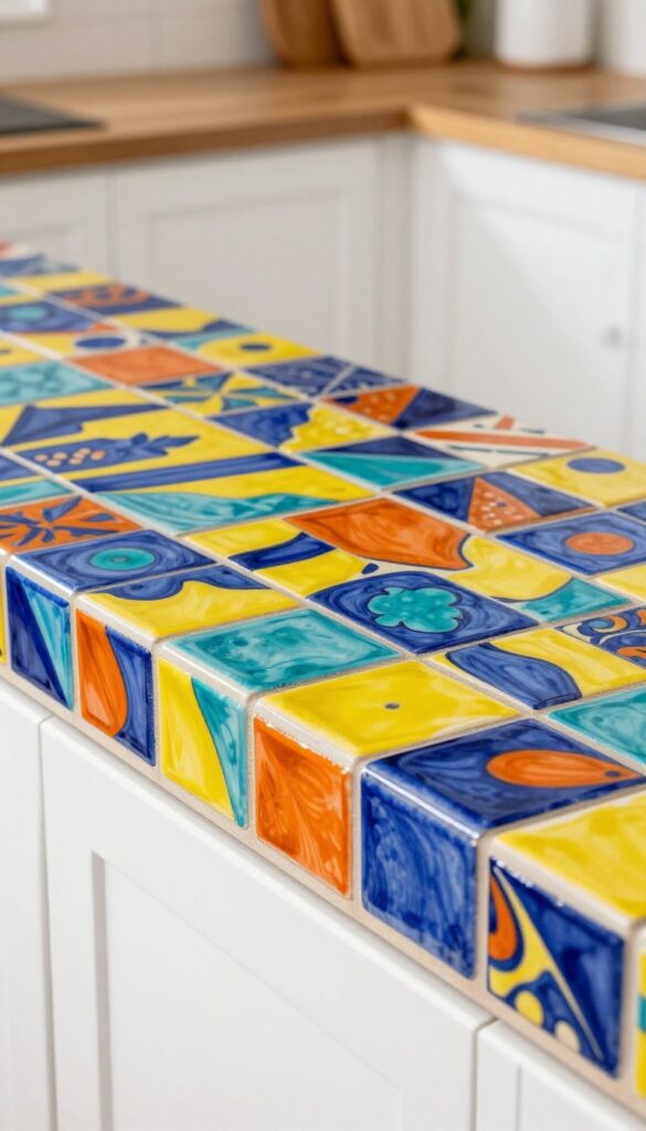 Kitchen counter with colorful talavera tile border