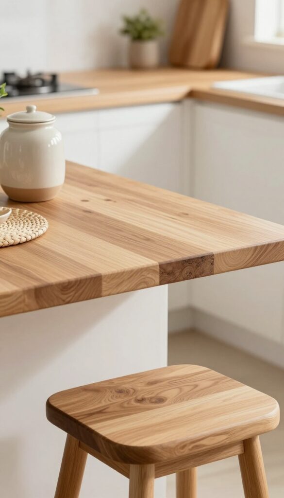 Butcher block counter extension with stool, ceramic jar, cutting board, and plant in a bright kitchen