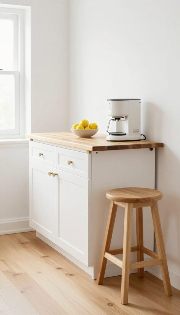 Fold-down butcher block table in a narrow hallway kitchen with stool and coffee maker
