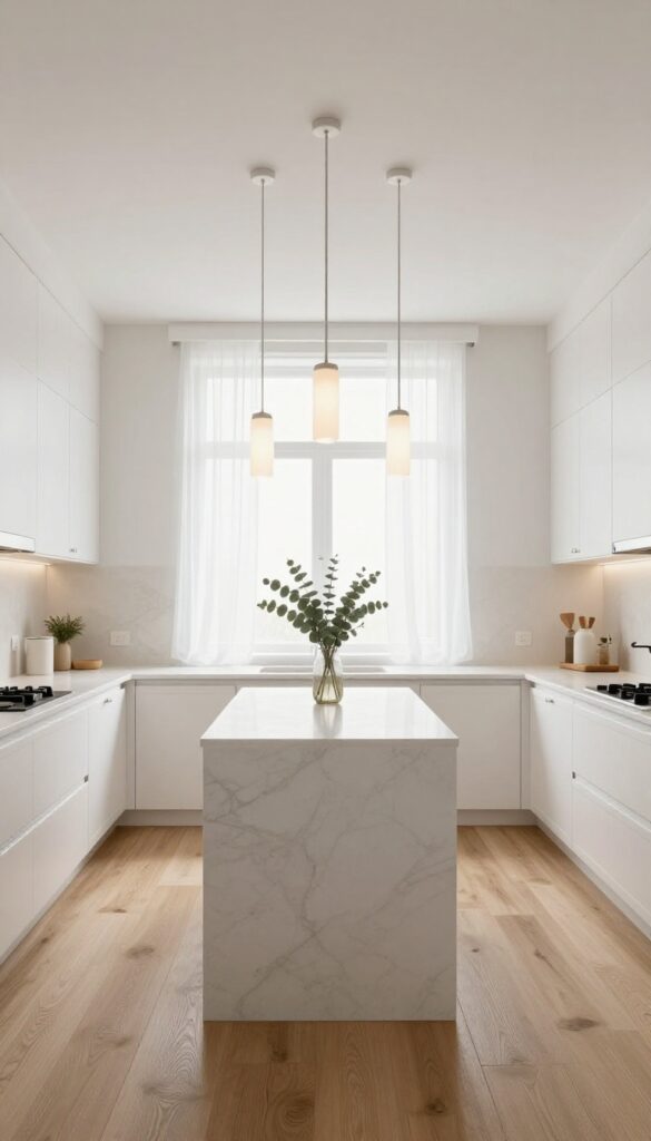 Light and airy narrow kitchen with a row of three opal glass pendant lights hanging above a white marble island, bright natural light from windows.
