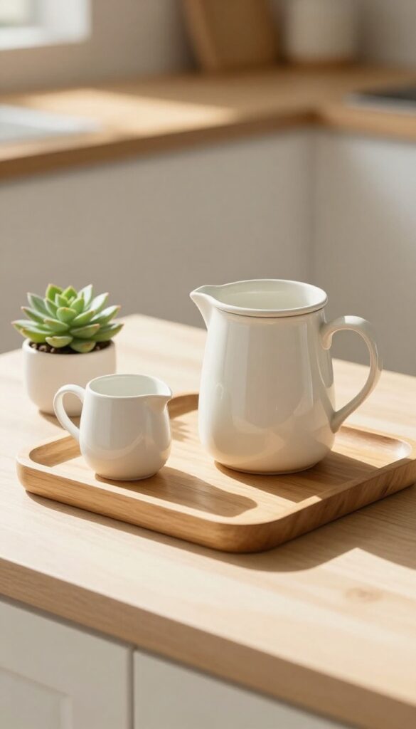 Coffee station on a wooden tray with ceramic canister, mug, and small succulent on a kitchen counter