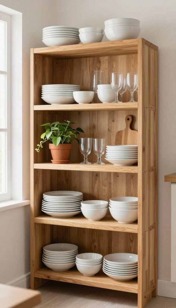 Open shelving in a kitchen alcove with white dishware, a trailing plant, and a wooden cutting board, bathed in natural light.
