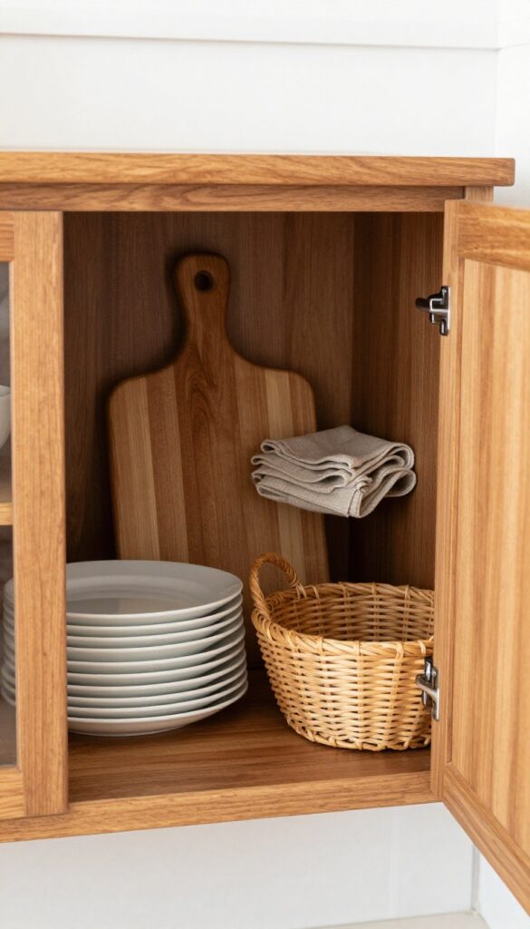 Open base cabinet with white plates, wooden cutting board, linen napkins, and rattan basket in a brown kitchen