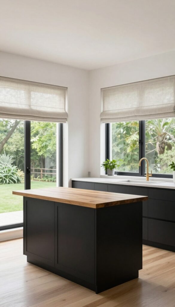 Modern kitchen with black window frames, white walls, black island, and linen shades, bright natural light