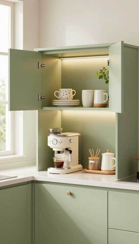 Open kitchen cabinet styled as a coffee station with coffee machine, mugs, and plants, warm sage interior, natural light.