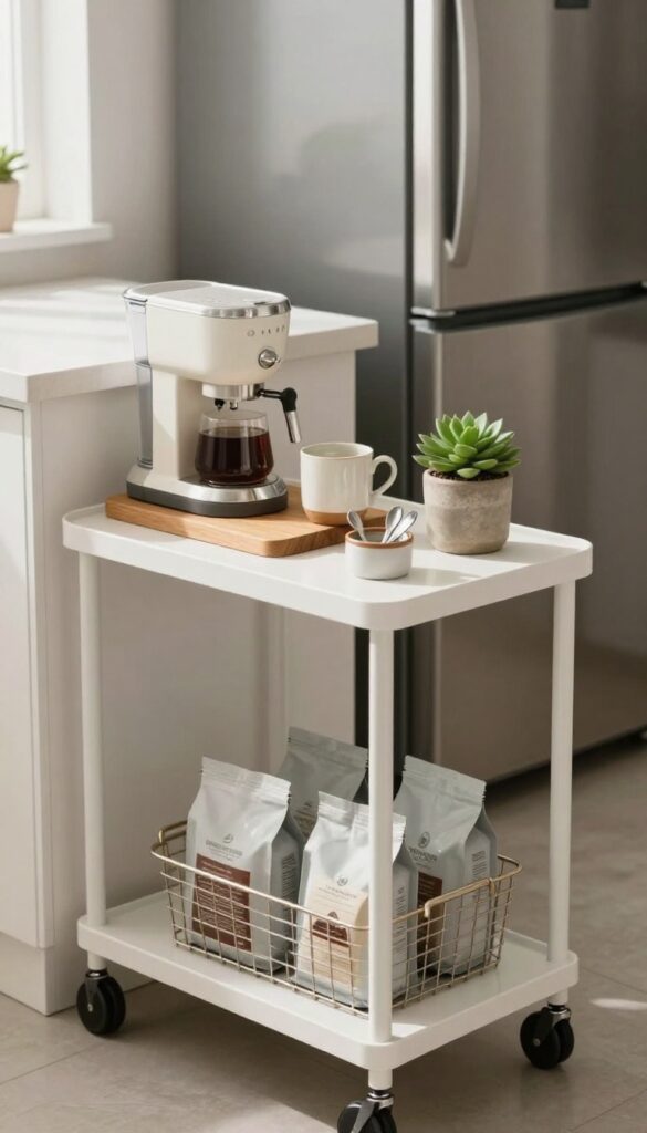 A rolling bar cart with coffee essentials tucked between a kitchen counter and refrigerator, styled with a coffee maker, mug, and plant.