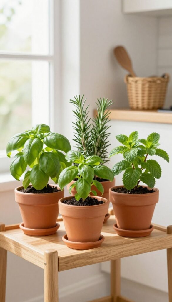 Apartment kitchen windowsill with tiered herb planters in terracotta pots, natural light, clean and airy decor