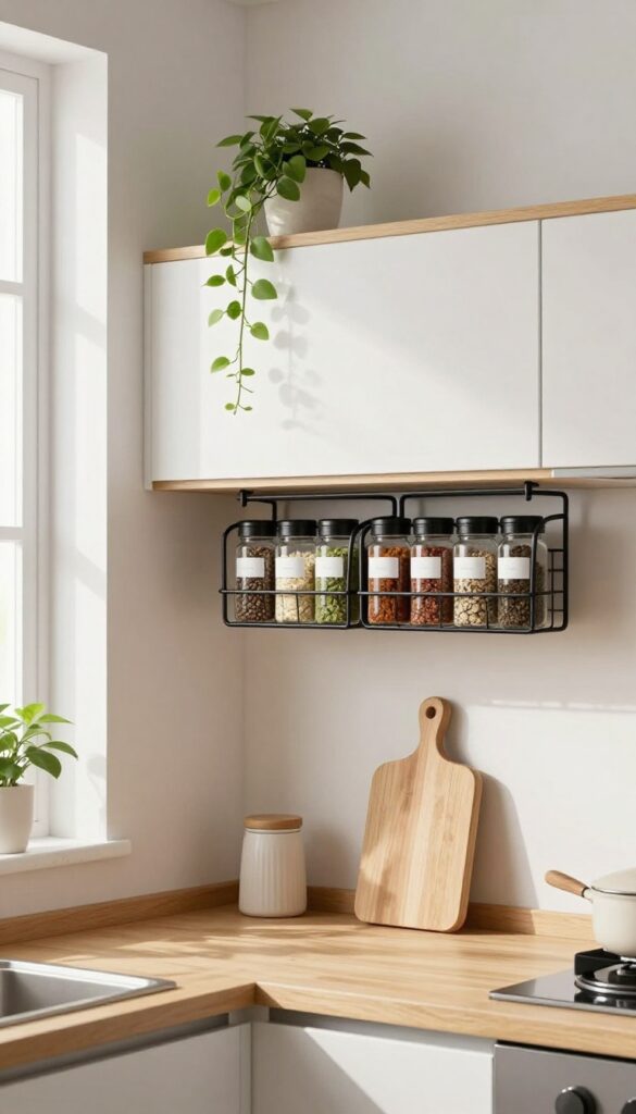 Under-shelf wire baskets filled with matching clear spice jars in a bright kitchen with natural light