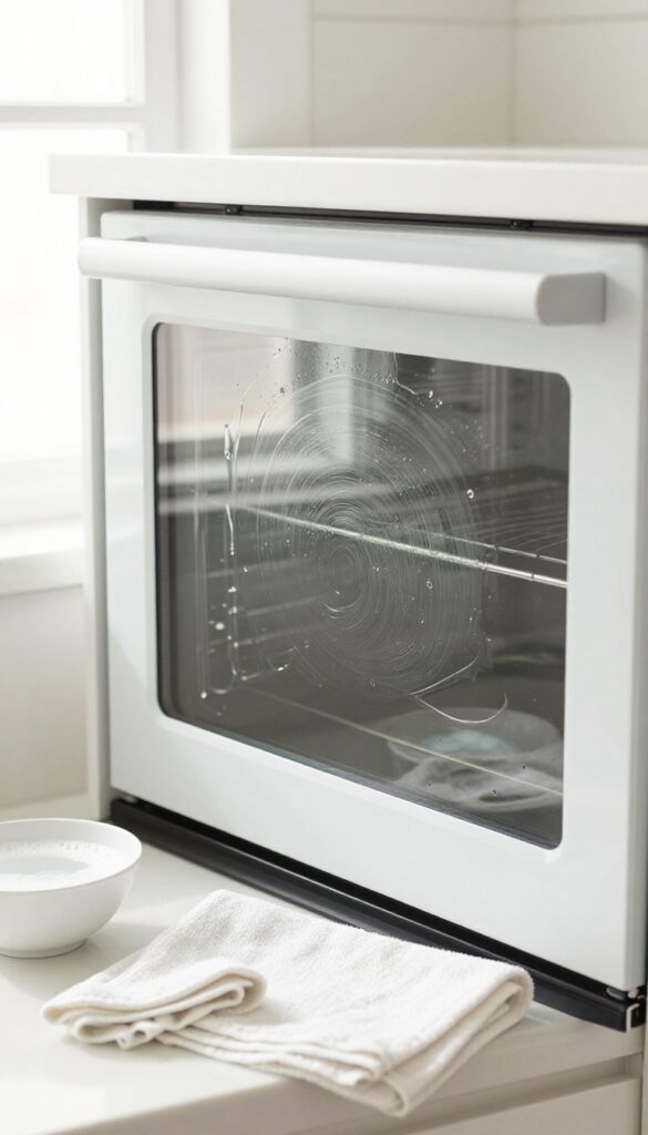Cleaning oven glass with dish soap and warm water, showing streak-free result