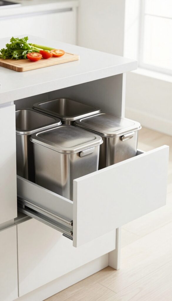 Modern kitchen island with a slim pull-out drawer for trash and recycling bins, stainless steel bins inside, wooden cutting board on counter, bright natural light