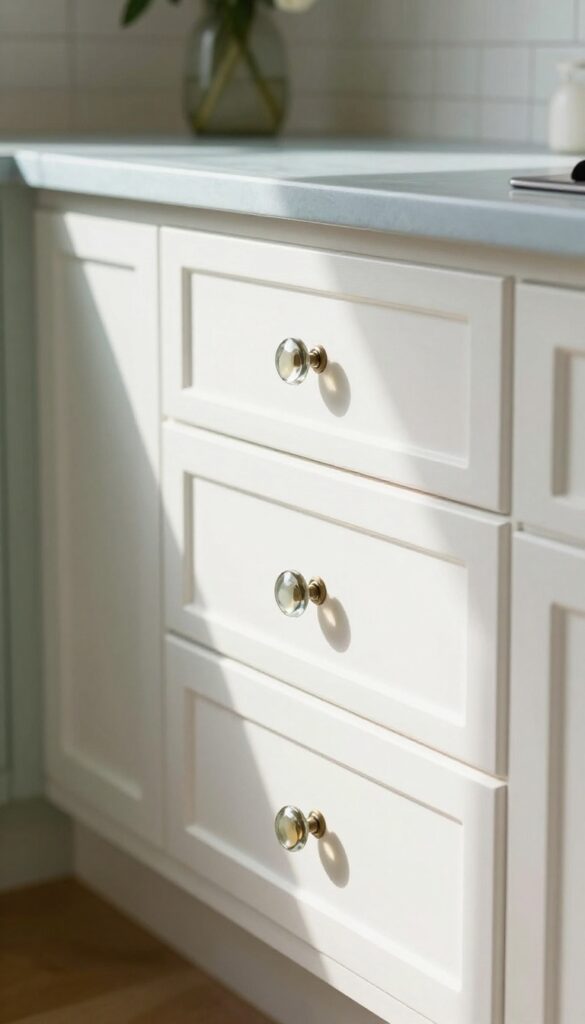 Vintage glass knobs on white painted kitchen cabinets, casting rainbow light on countertop
