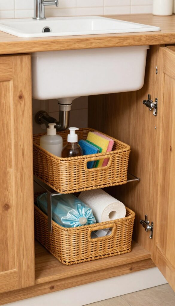 Under-sink storage with rattan baskets and organized cleaning supplies in a small Indian kitchen