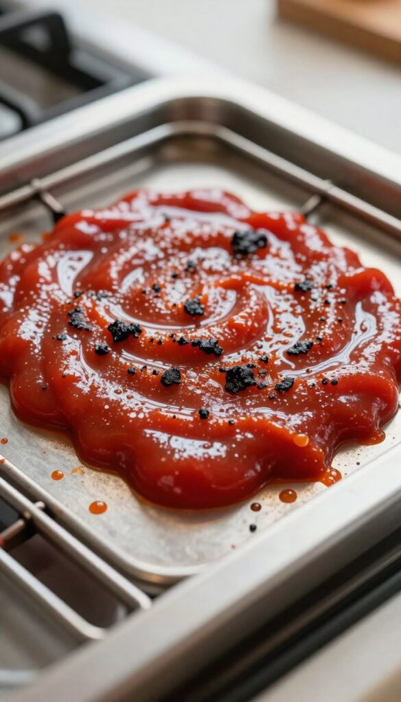 Stove grate with ketchup applied to burnt grease