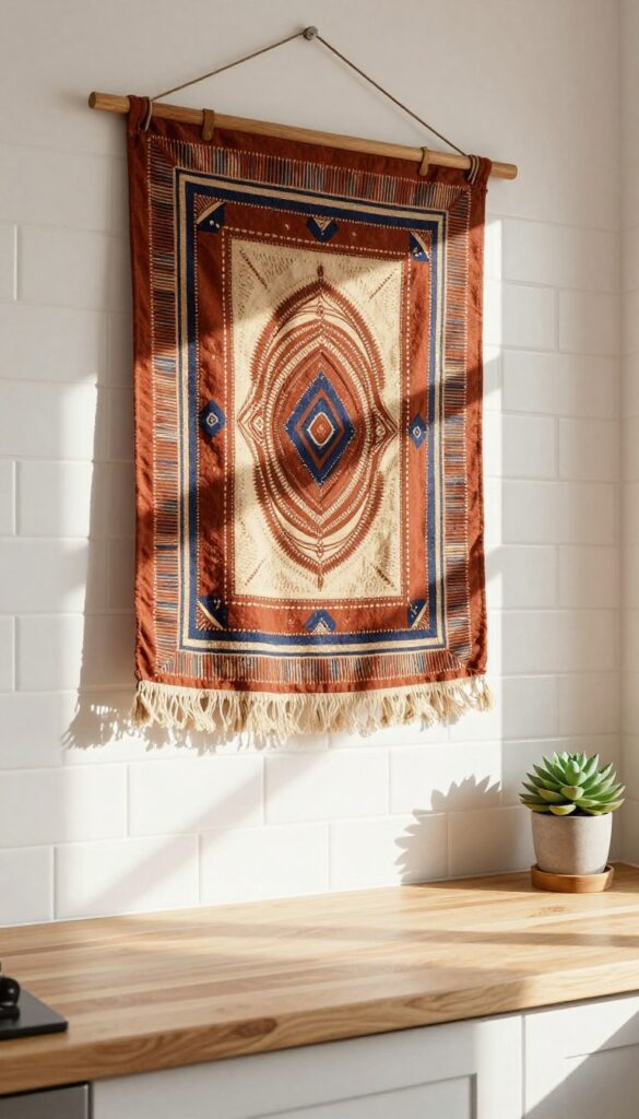 Fabric wall hanging in a kitchen, adding color and texture to a blank wall