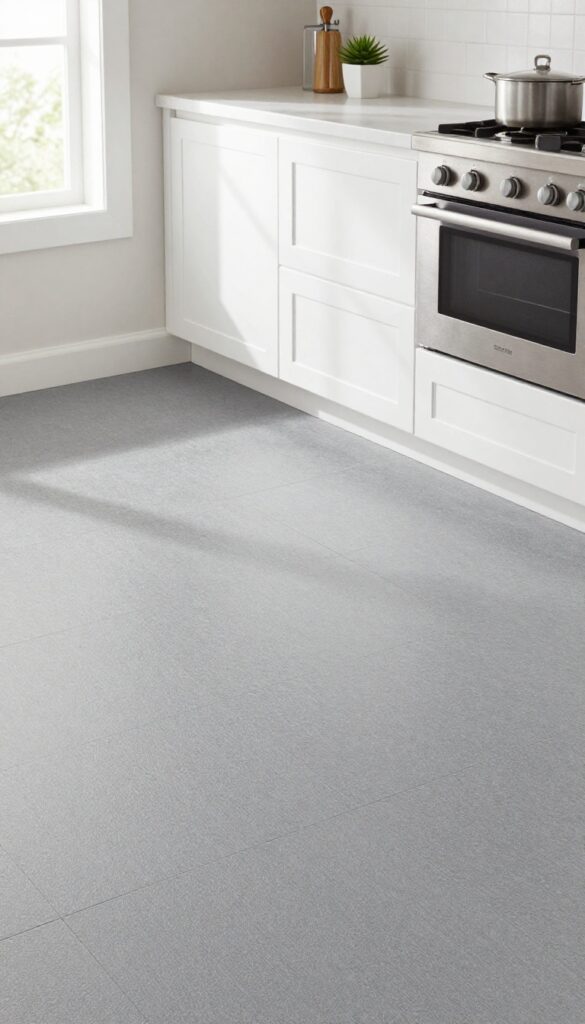 Close-up of charcoal rubber flooring in a bright kitchen with white cabinets and natural light