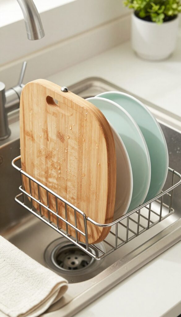 Over-the-sink drying rack with wooden cutting board and ceramic plates in a warm, cozy kitchen.