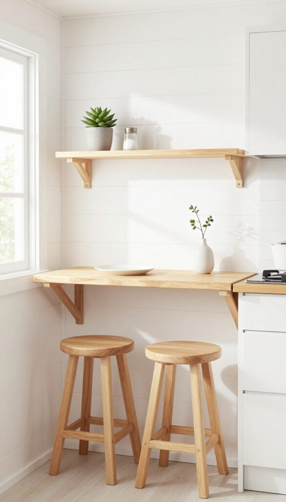 Tiny house kitchen with fold-down table and stools tucked underneath, bright natural light.