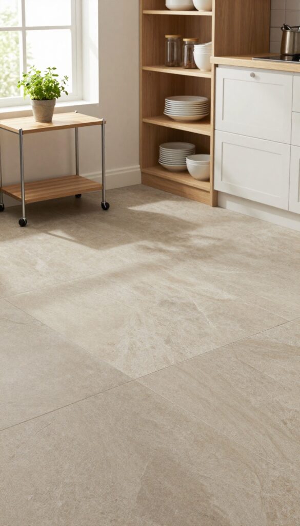 Natural stone tile floor in a small kitchen with light cabinets and open shelving