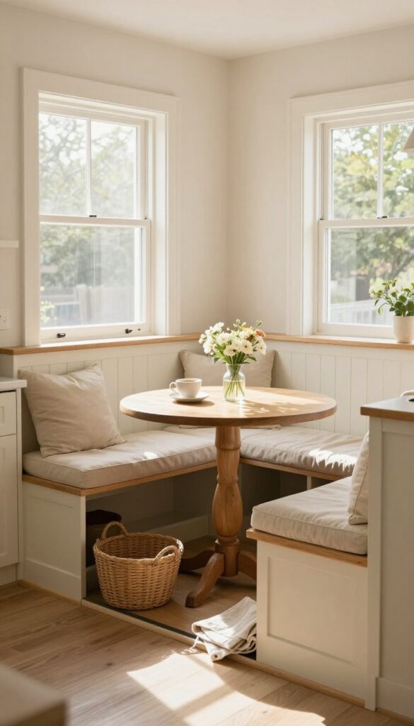 Cozy kitchen corner with built-in banquette and hidden storage, warm natural light, photorealistic