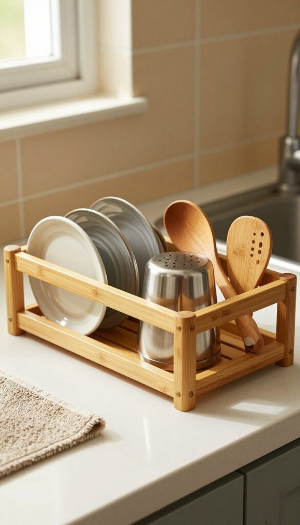 Bamboo dish drying rack beside kitchen sink with steel tumblers and ceramic plates, warm natural light, cozy Indian kitchen